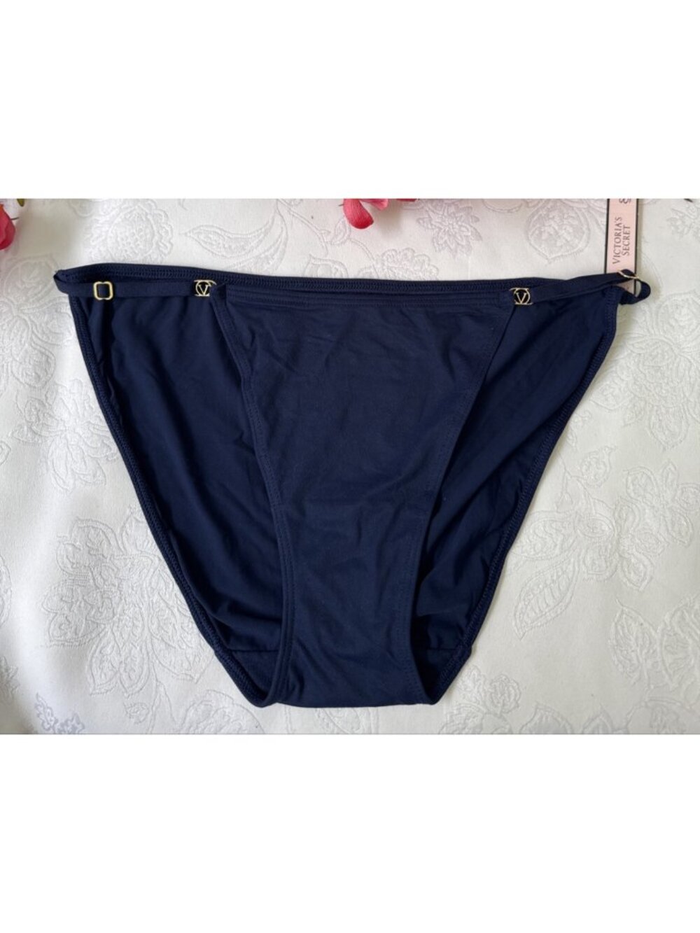 VICTORIA'S SECRET M SILKY BLUE GOLD CHARM STRAPPY STRING BIKINI PANTIES NWT
